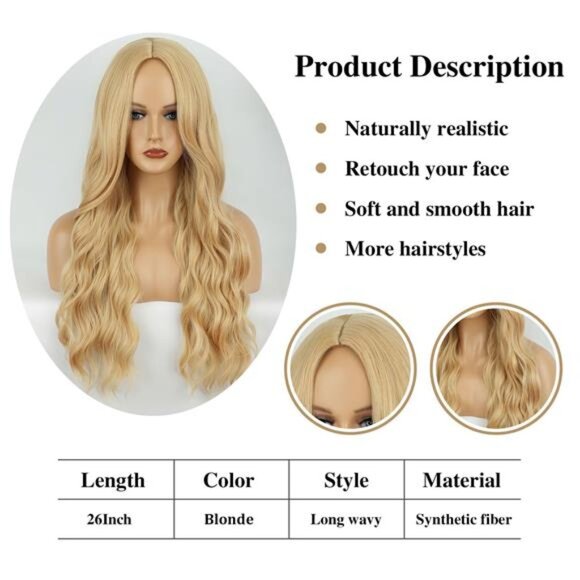 Blonde Wig Long Wavy Wig For Women Middle Part Long Blonde Wigs Synthetic - Picture 2 of 5